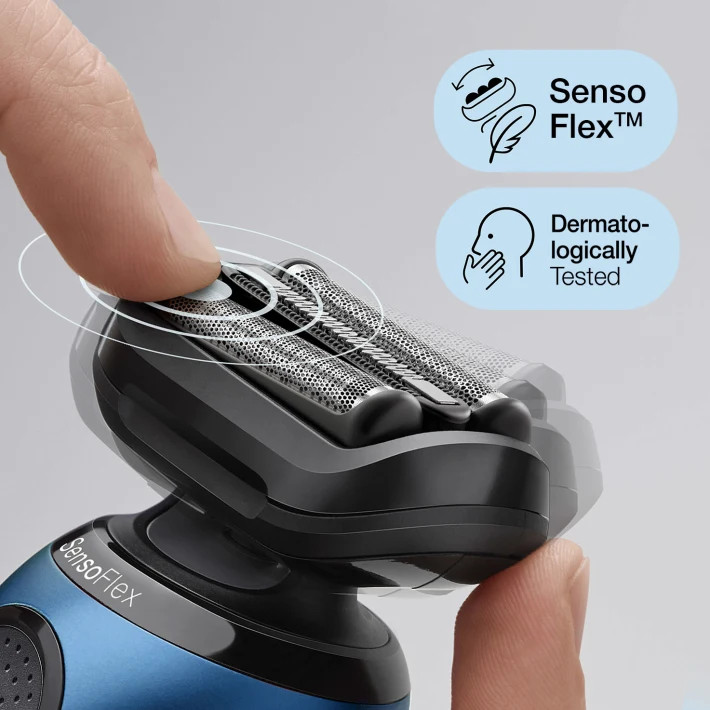 A hand using a shaver on a face, with icons indicating features.