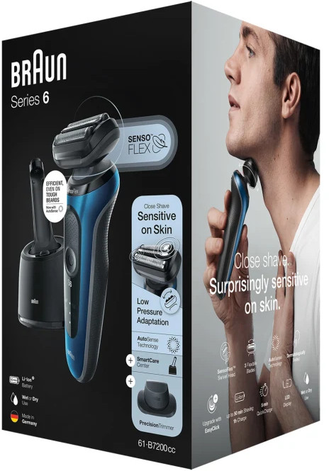 Braun Series 6 electric shaver box: shaver, stand, and man using shaver, black background.