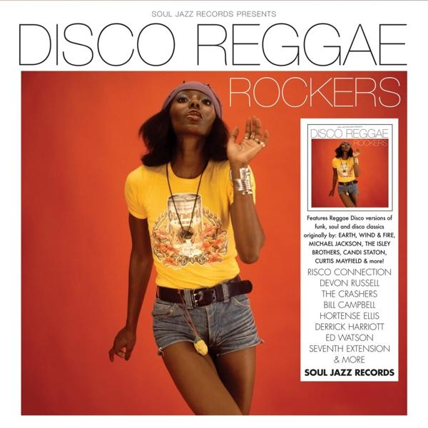 Pochette d'album : Femme en chemise jaune, short en jean, sur fond rouge. Titre : Disco Reggae Rockers.