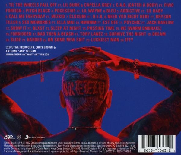 Die Rückseite einer CD-Hülle. Sie zeigt ein Tattoo auf dem Kopf eines Mannes und eine Titelliste.
