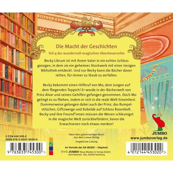 Rückseite eines Kinderbuchs. Bunte Illustrationen und Text über Geschichten und Abenteuer.