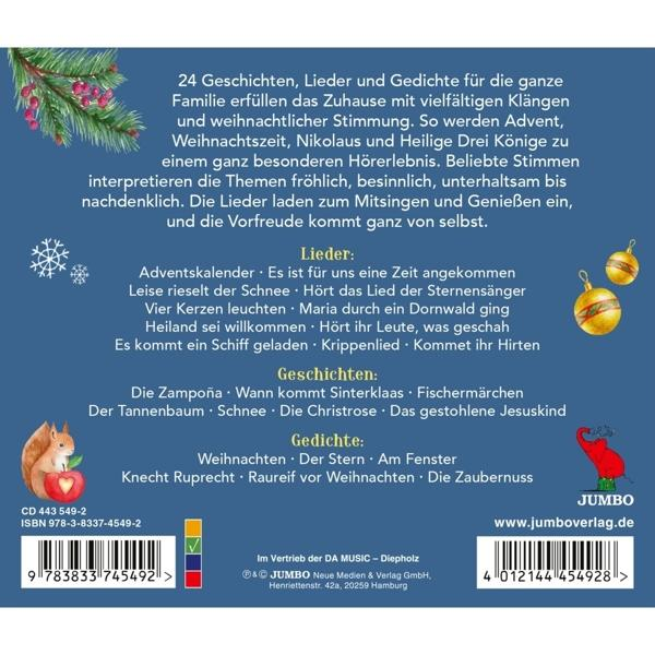 Ein Buchcover mit deutschem Text. Enthält einen geschmückten Weihnachtsbaum, ein Eichhörnchen und einen Apfel.