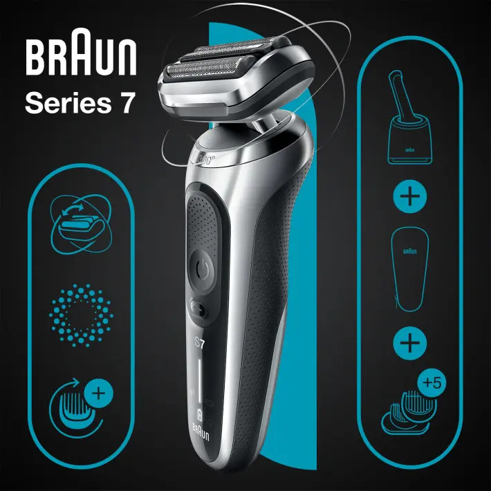 Braun Series 7 elektrisch scheerapparaat met extra accessoires.