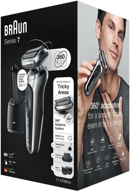 Braun Series 7 scheerapparaatdoos met product en gezicht van man.