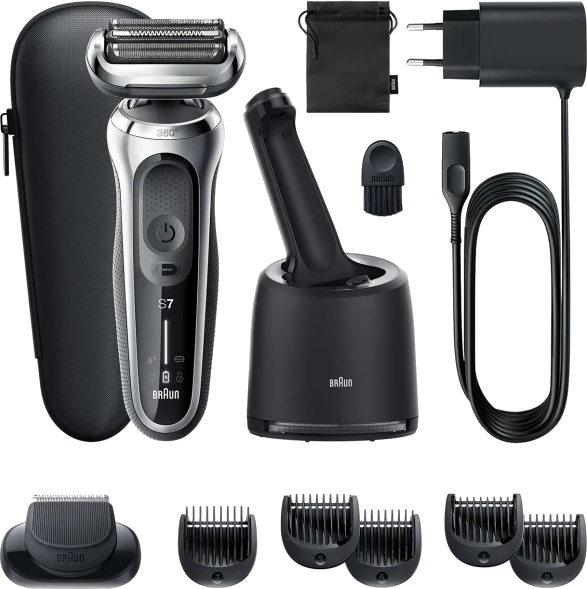 Braun S7 Series elektrisch scheerapparaat met accessoires, zwart en zilver, in een etui.
