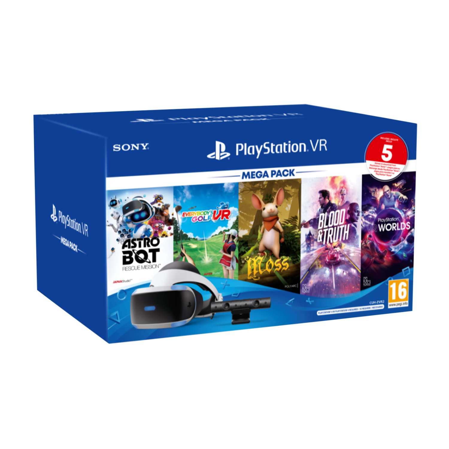 Pack VR - Sony PS VR, Para PS4/PS5, Visión 360, Camera, Negro + VRWorld + Astrobot + Golf + Moss + Blood Truth