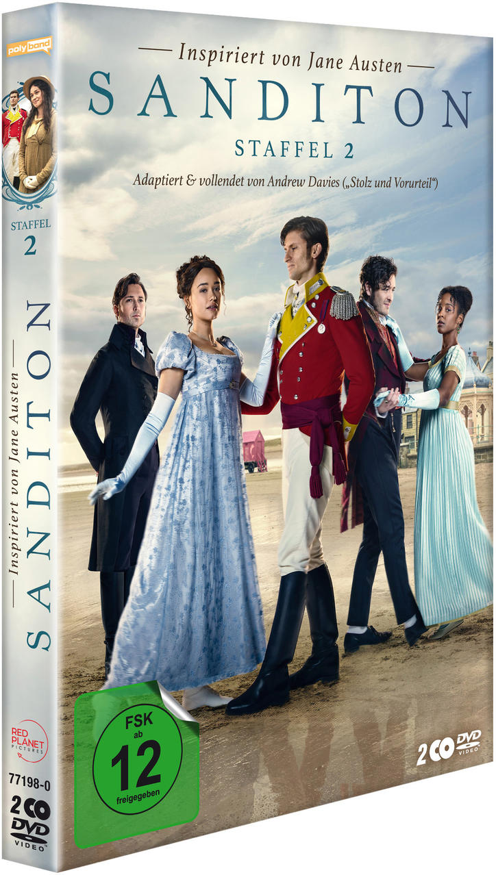 DVD-Hülle der Serie 'Sanditon' mit Schauspielern auf dem Cover, vor einem Hintergrund mit bewölktem Himmel.