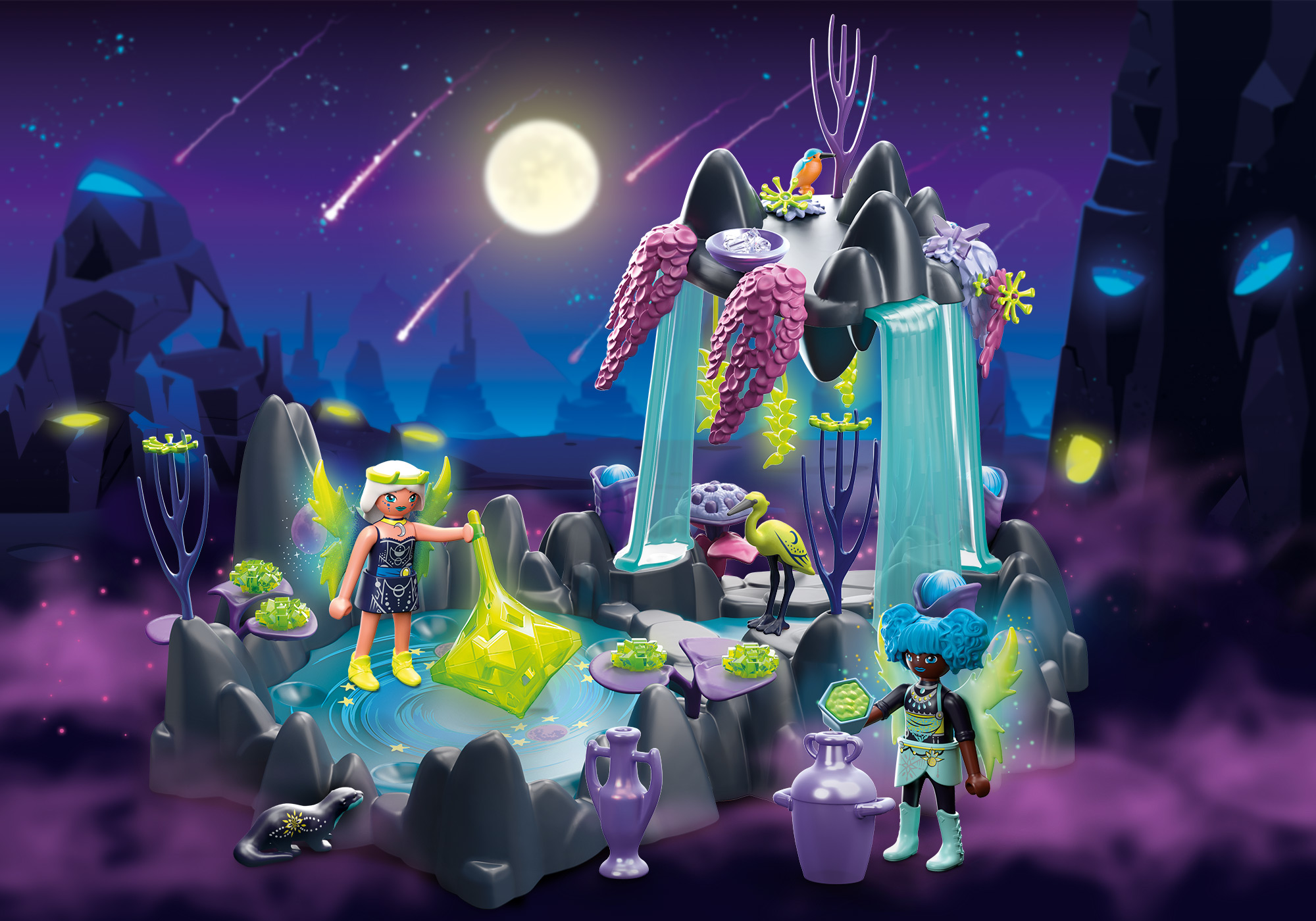 Playmobil-Set mit zwei Figuren in einer Fantasiewelt mit Wasserfall und Vollmond.