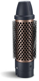 A black and rose gold hair styling brush. The brush is cylindrical, with black bristles.