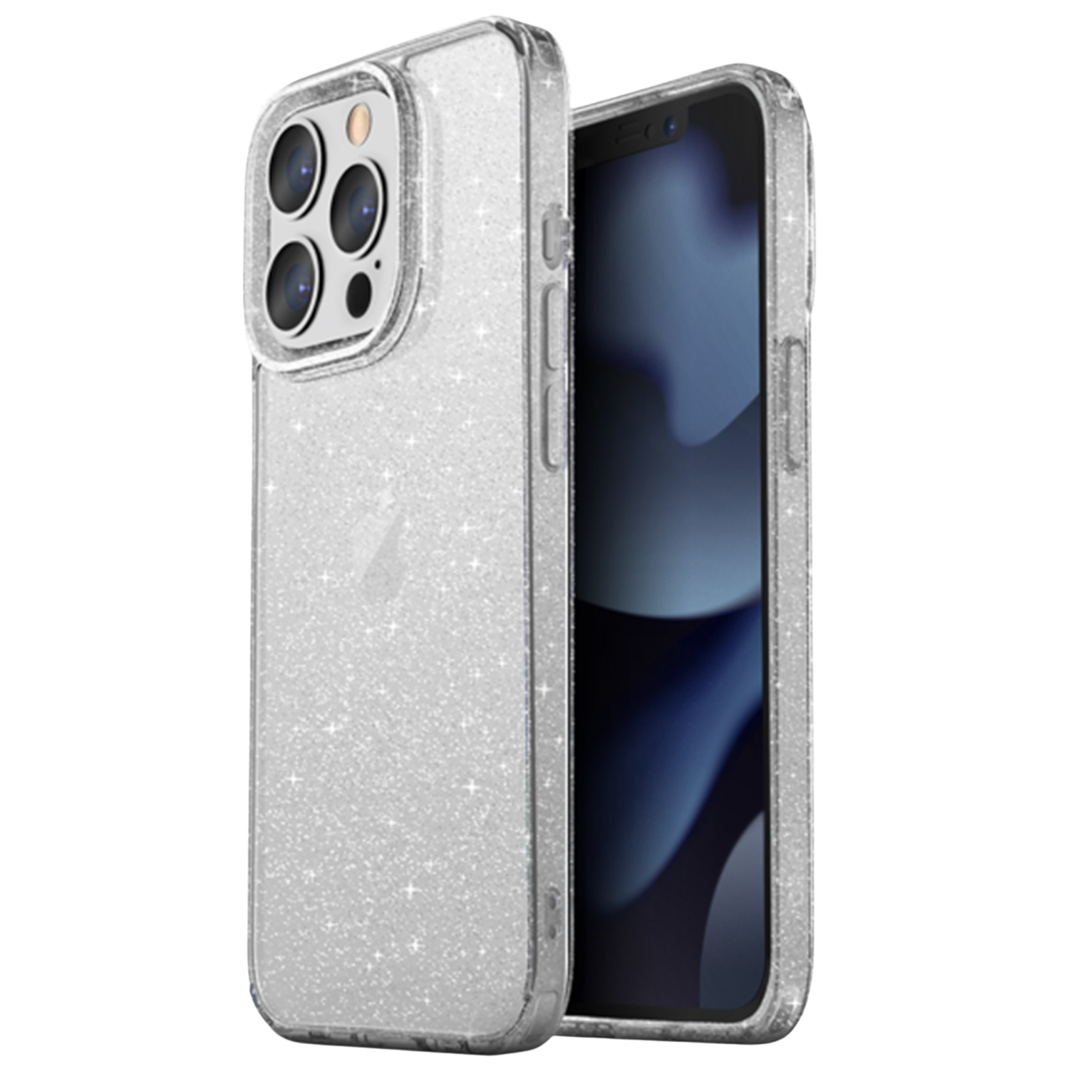 Transparante telefoonhoes met glitter, met een telefoon. Toont een telefoon met meerdere camera's.