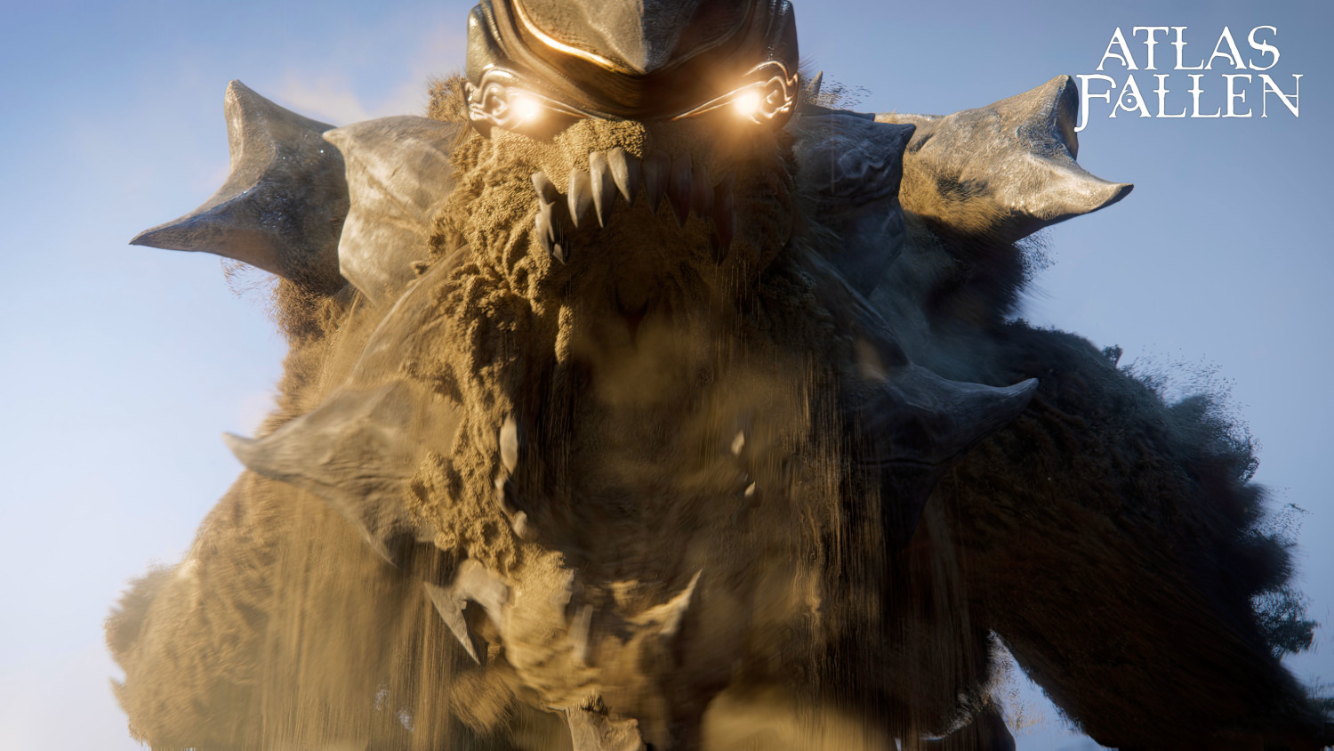 Un monstre géant émerge du sable avec des yeux brillants.