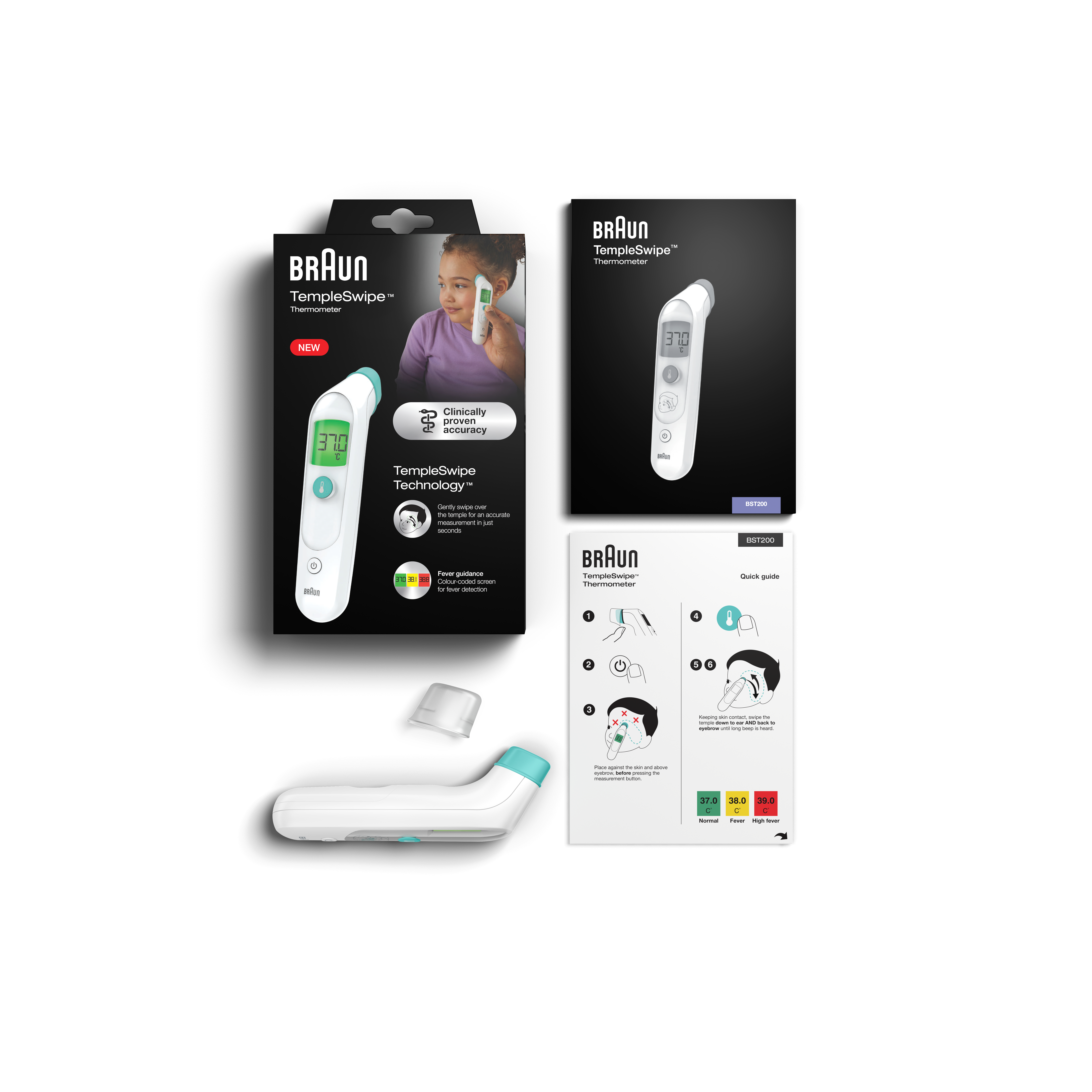 Braun TempleSwipe Thermometer-Box mit Thermometer und Anweisungen.
