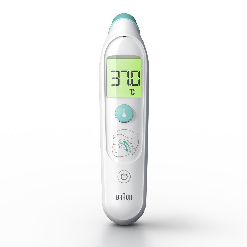 Ein weißes Braun-Thermometer zeigt 37,0 °C an. Es hat eine grüne Spitze und einen Knopf. 'Braun' steht unten.