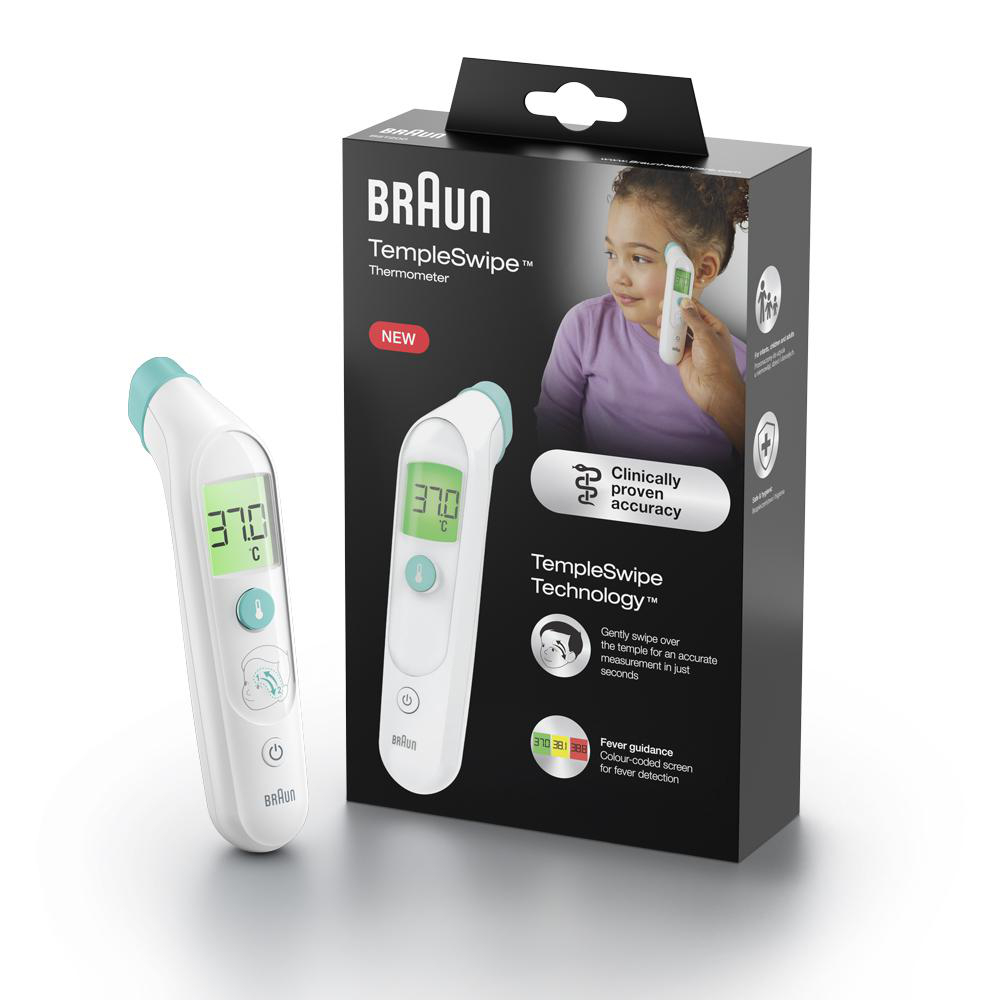 Braun TempleSwipe Thermometer und Box. Ein Mädchen benutzt das Thermometer.