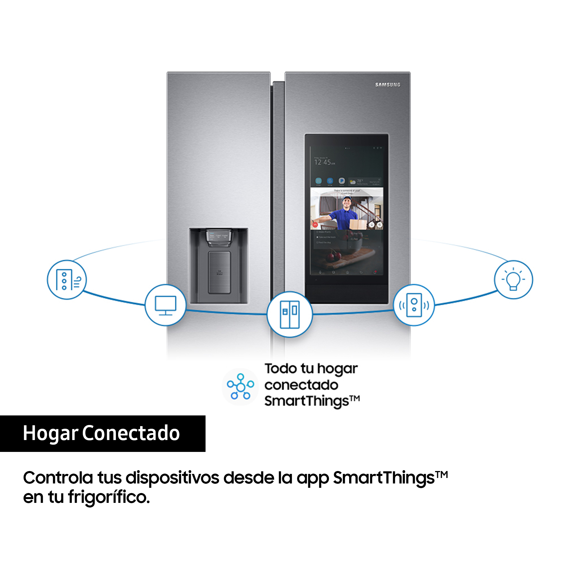 Un frigorífico Samsung con pantalla. Texto en español. Concepto de hogar conectado.