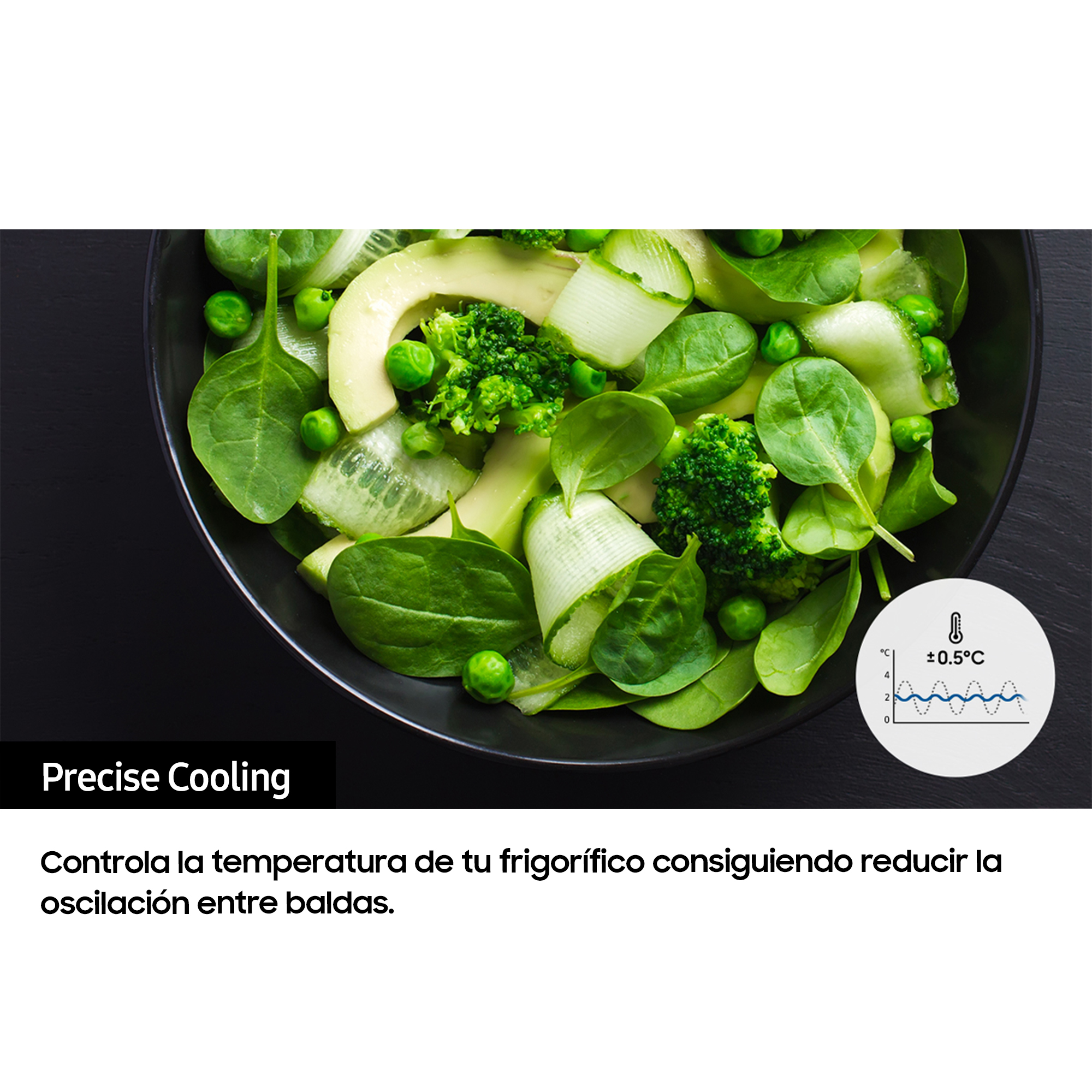 Ensalada en un cuenco negro con verduras verdes, superposición de texto y gráfico de temperatura.