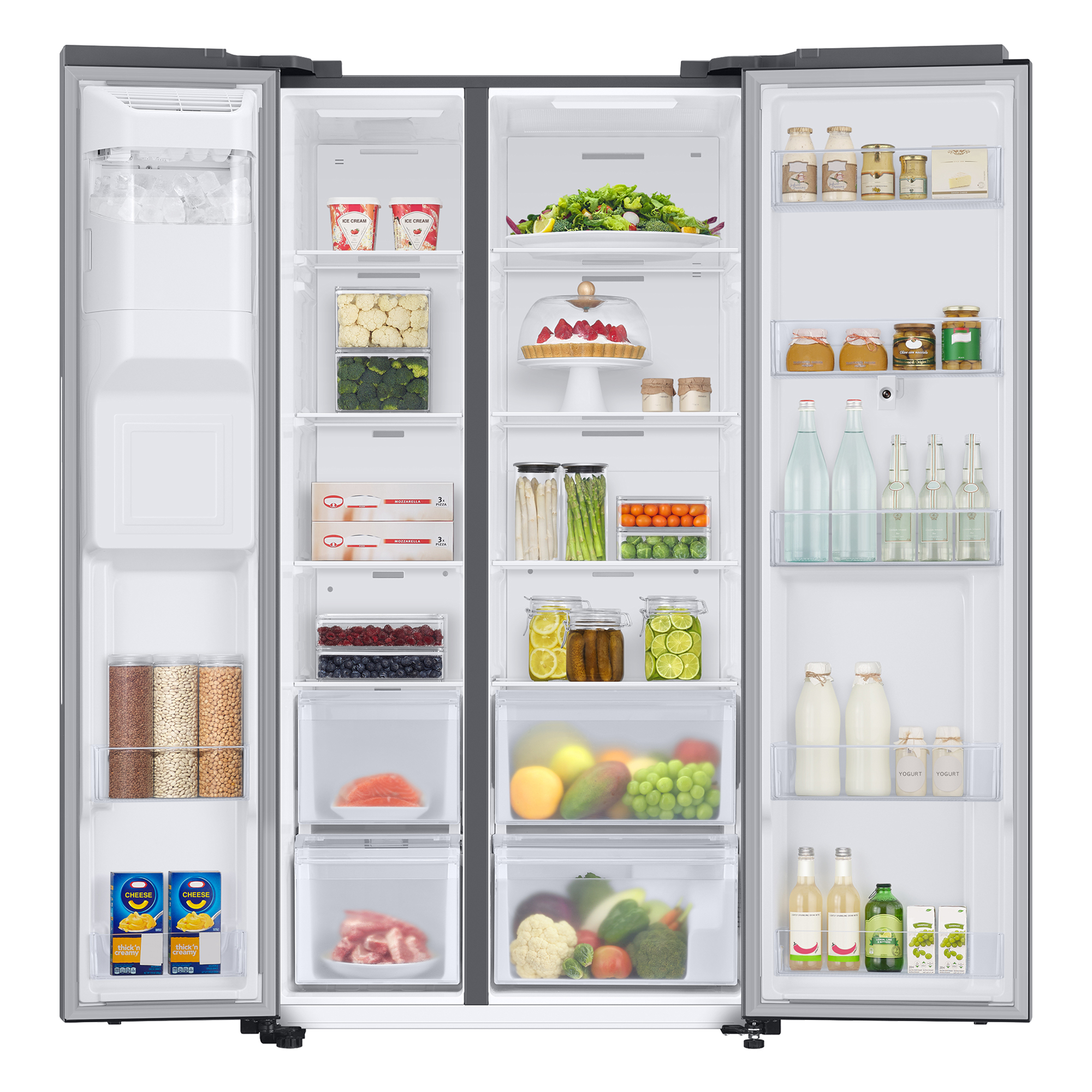 Un refrigerador grande y abierto lleno de comestibles. Varios alimentos en compartimentos organizados.