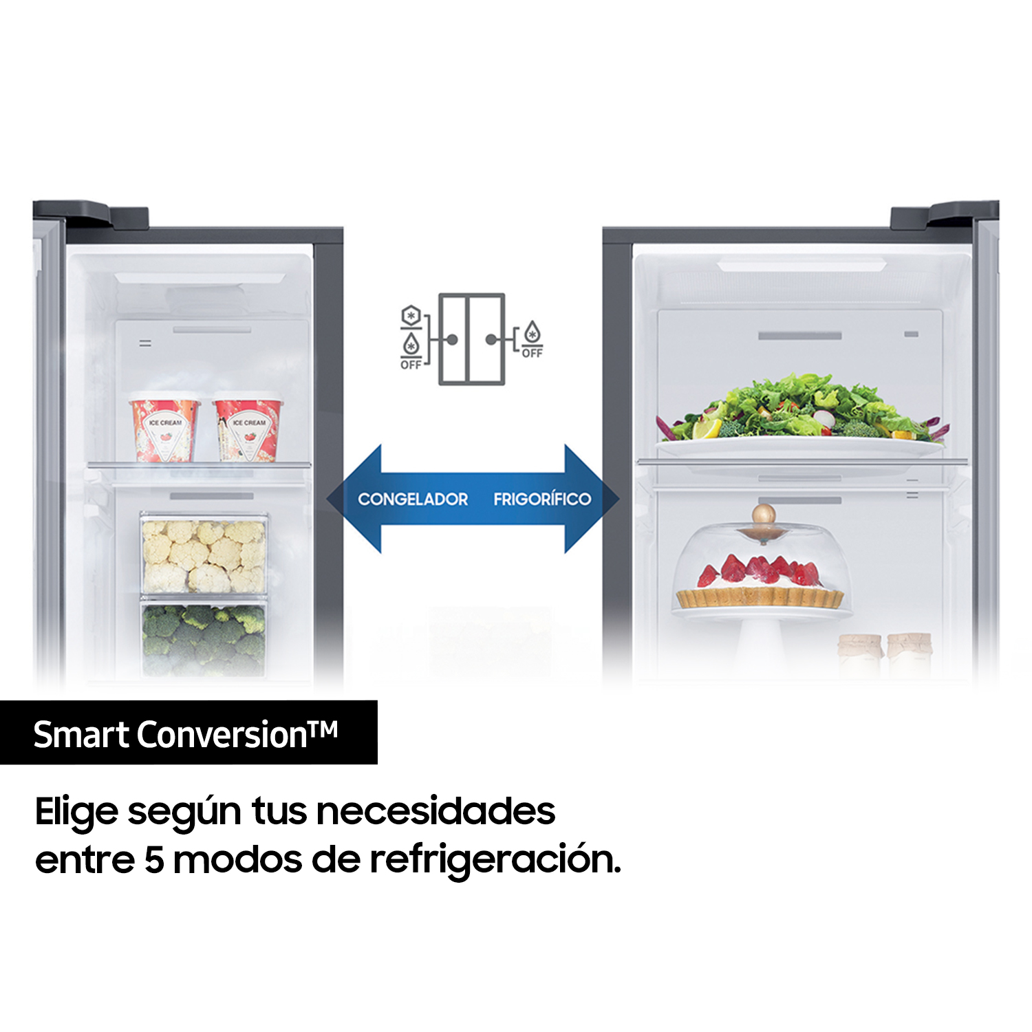 Dentro del refrigerador, congelador a la izquierda y refrigerador a la derecha, en español.