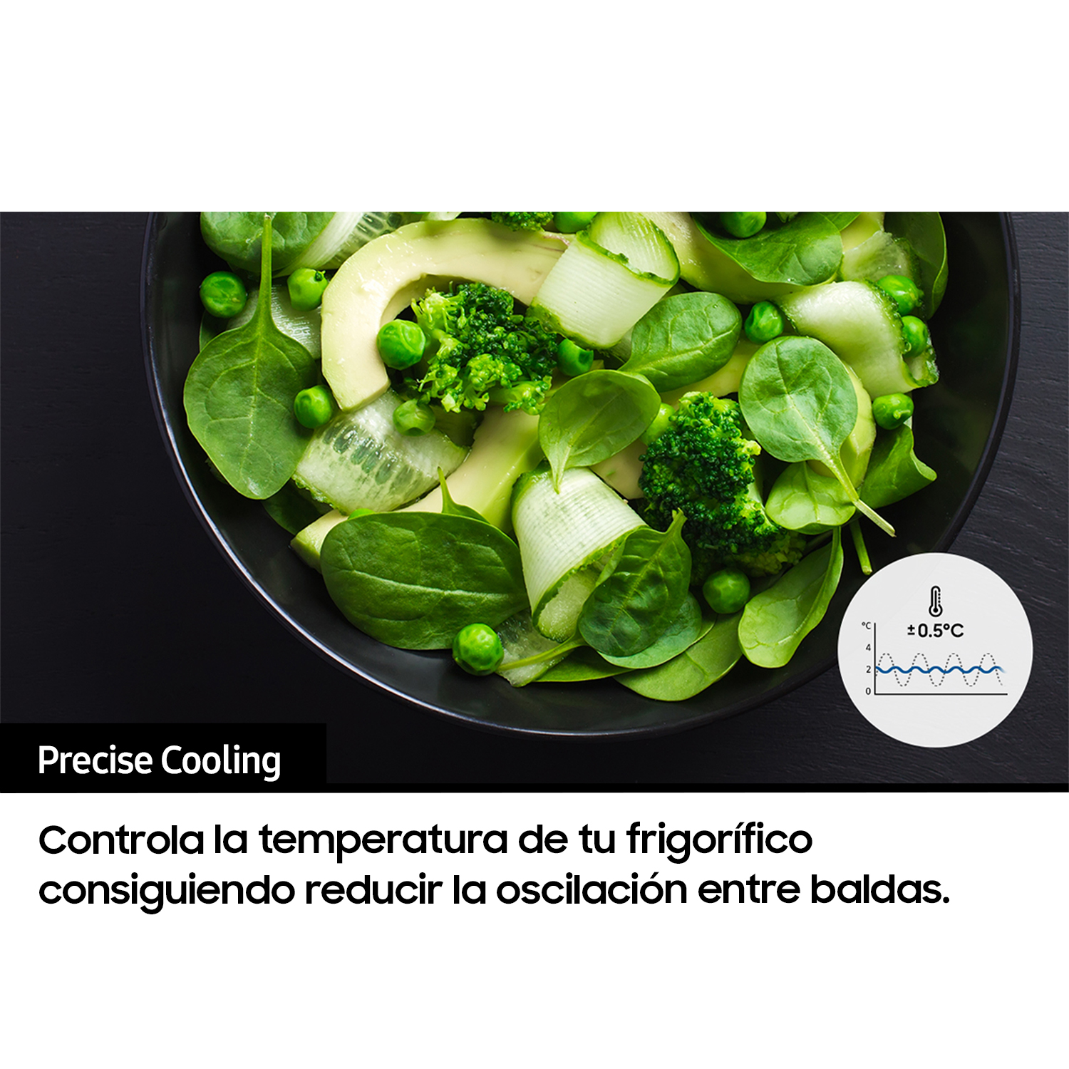 Un cuenco negro con ensalada, con el texto 'Precise Cooling'. Un gráfico muestra las fluctuaciones de temperatura.