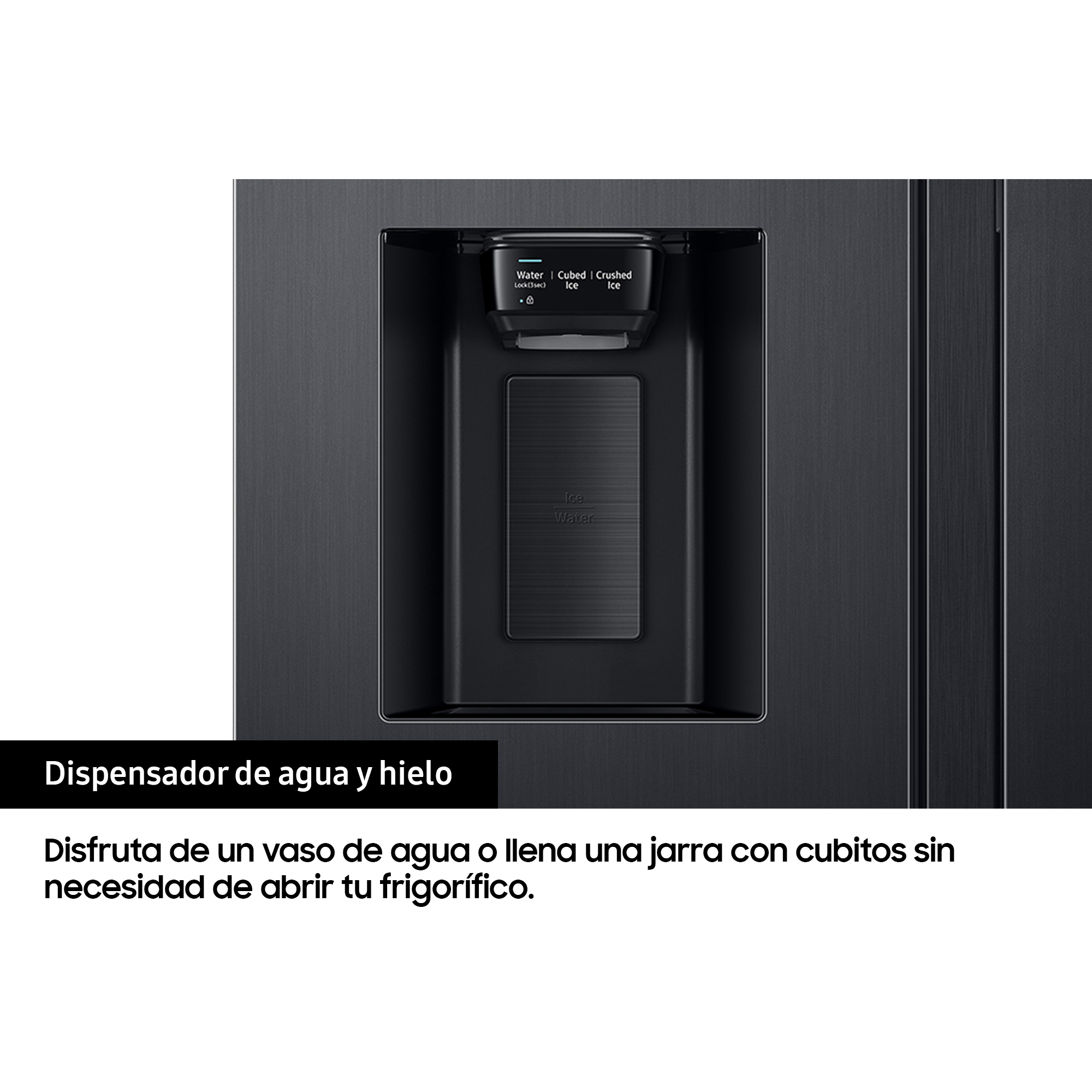 Dispensador de agua de refrigerador con texto sobre agua y hielo.