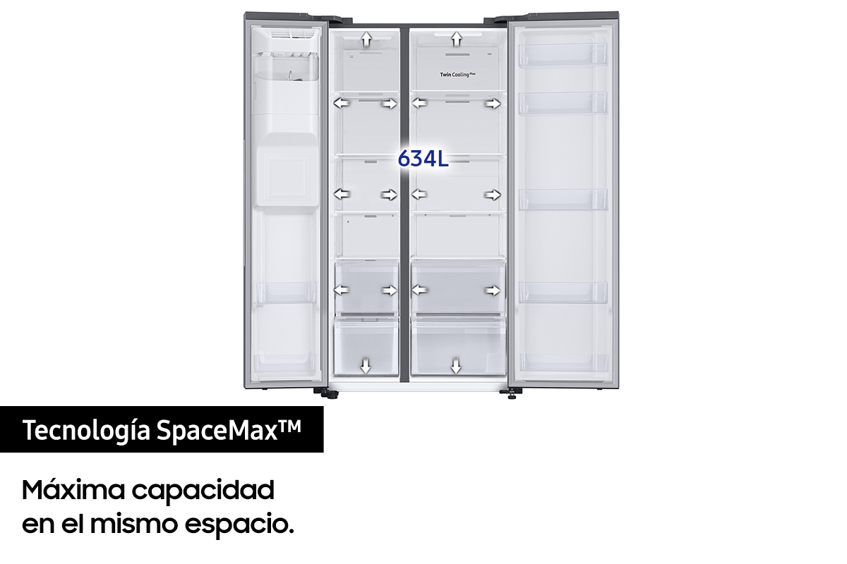 Un refrigerador abierto con estantes llenos de comida y recipientes, con texto en español.