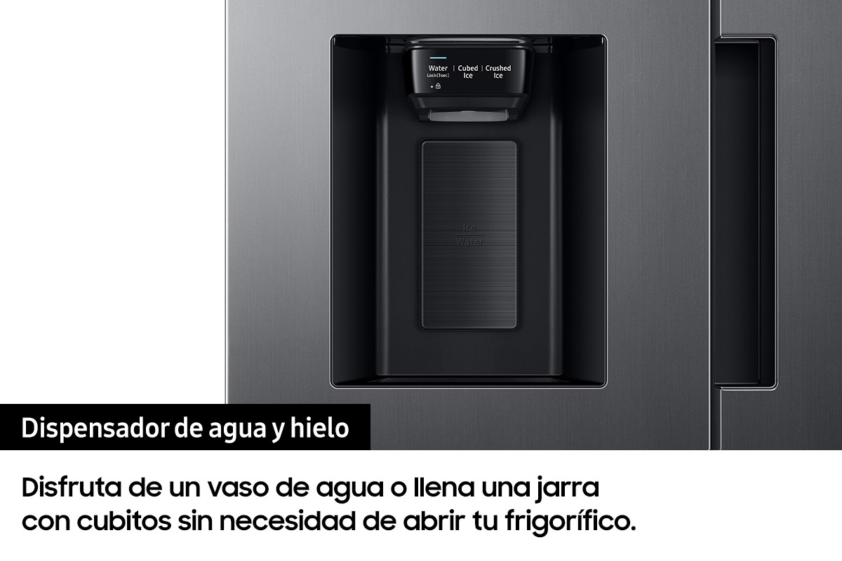 Dispensador de agua y hielo de un refrigerador. El texto en español describe sus características.