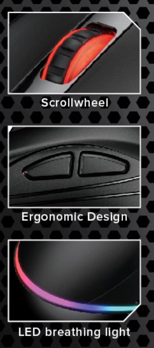 Közelkép egy gamer egérről görgetőkerékkel, gombokkal és LED-világítással.