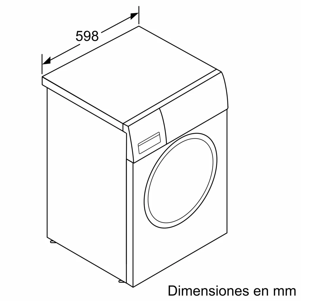 Dibujo isométrico de una lavadora con dimensiones en milímetros etiquetadas en la parte superior.
