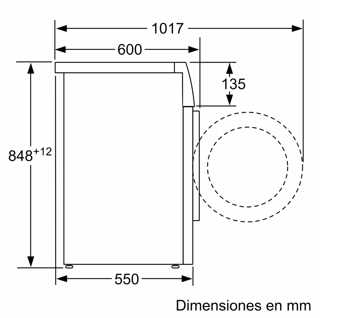 Dibujo técnico de un refrigerador con dimensiones en mm. Vista lateral y frontal.