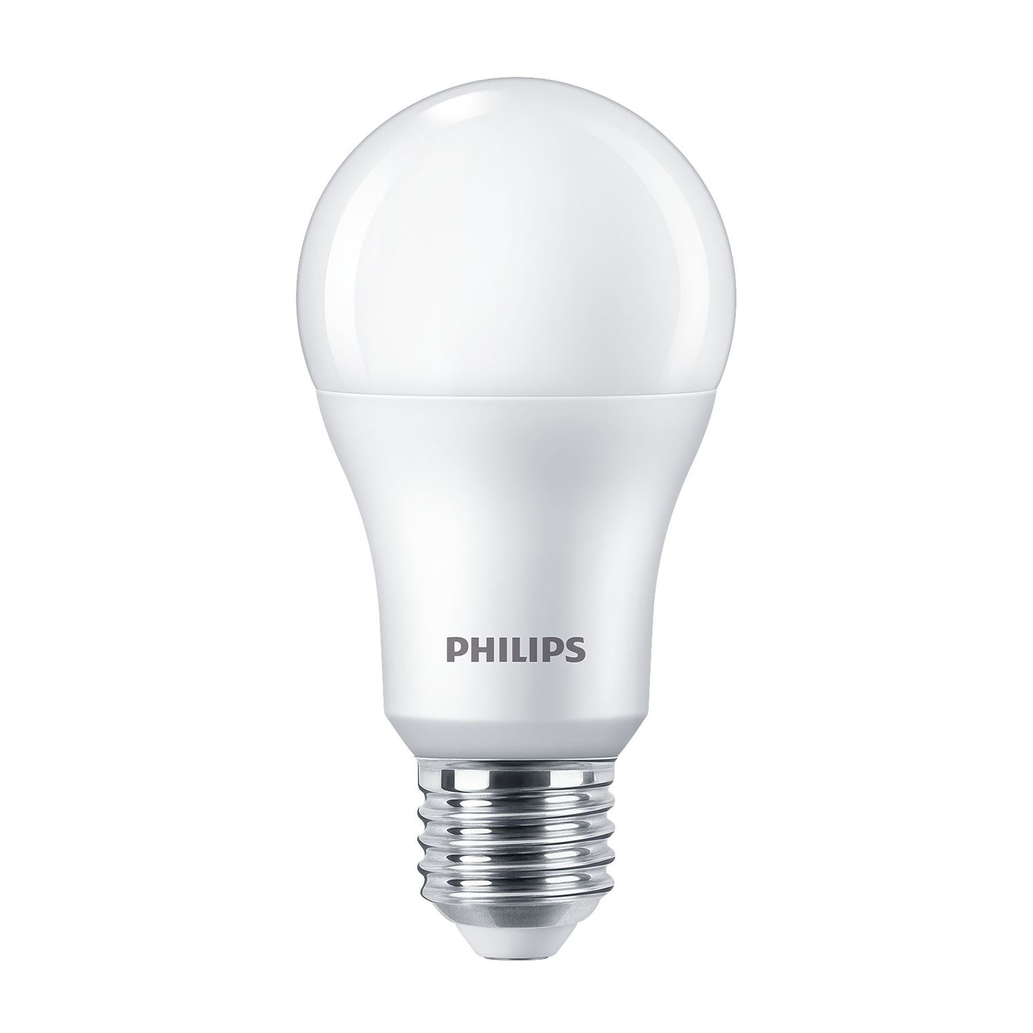 Una lampadina LED Philips bianca con base argentata.