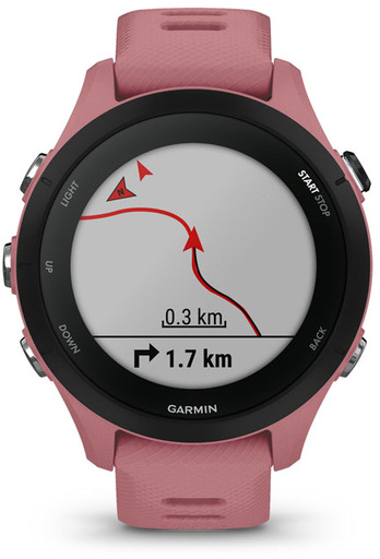Garmin okosóra rózsaszín szíjjal és térképpel. 0,3 km és 1,7 km távolságot mutat.