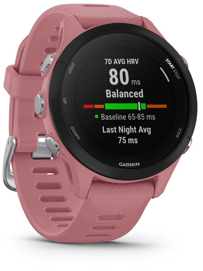 Rózsaszín Garmin óra, amely szívritmus adatokat és statisztikákat jelenít meg, fekete képernyővel.