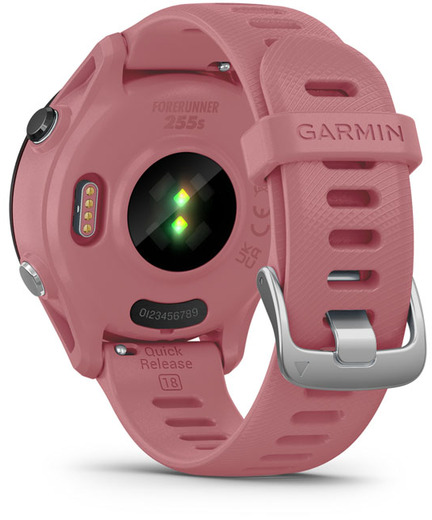 Rózsaszín Garmin Forerunner 255S óra hátulnézete, érzékelőkkel és szíjjal.