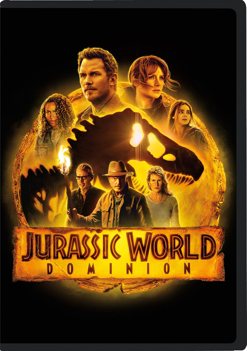 Affiche du film Jurassic World Dominion, avec des acteurs et une silhouette de dinosaure.