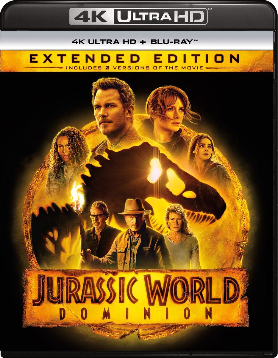 Jurassic World Dominion Blu-ray cover. Film cast, dinosaur image, 4K Ultra HD logo.