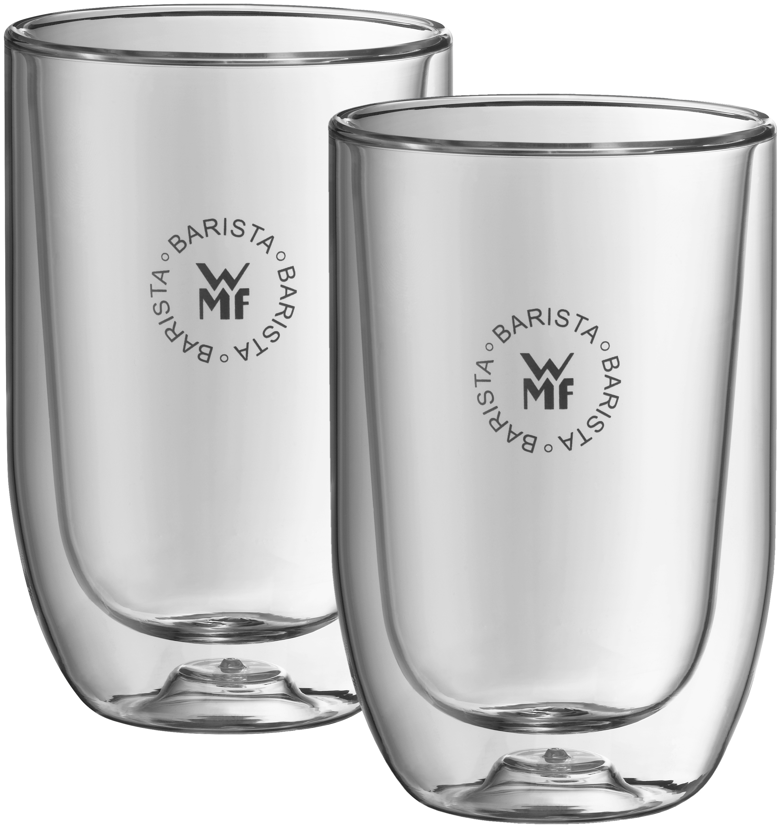 Zwei transparente Glasbecher. Die Becher haben eine Doppelwand und den Markennamen darauf.