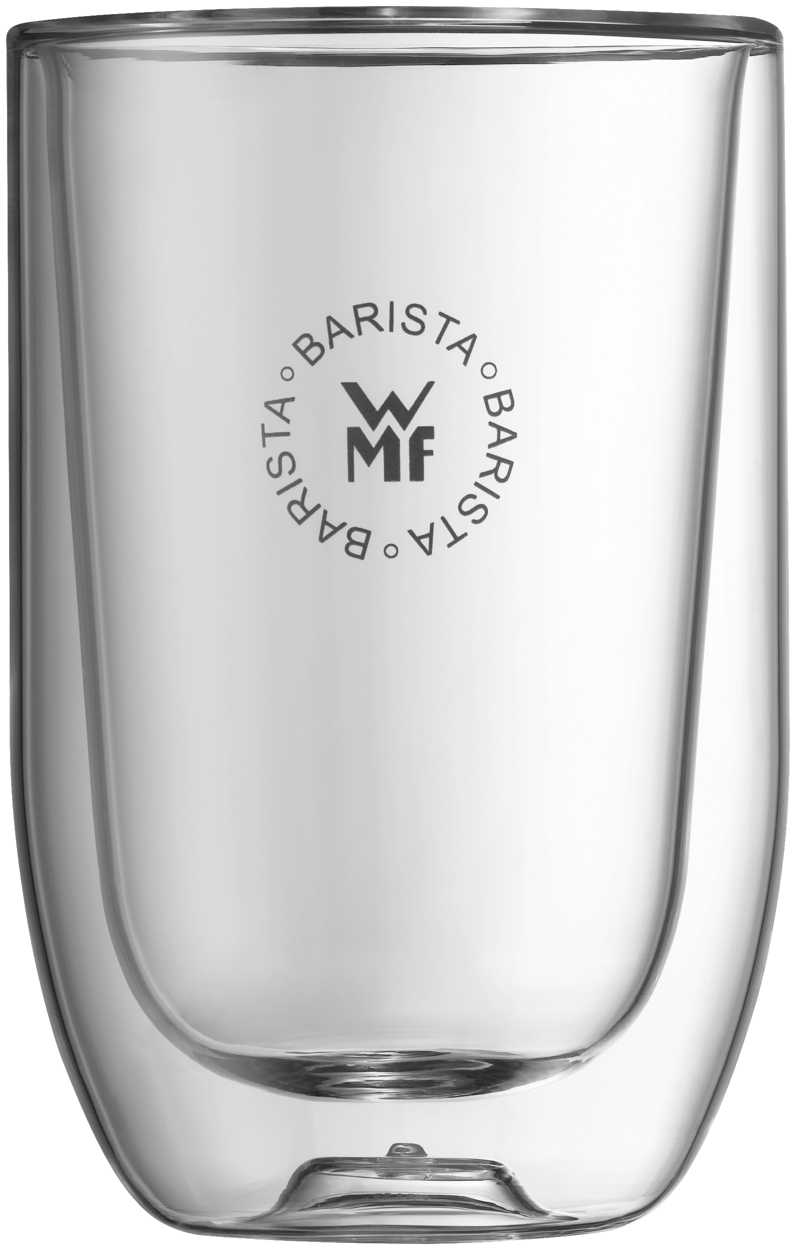 Klares doppelwandiges Glas mit dem Wort "Barista" um ein Logo.