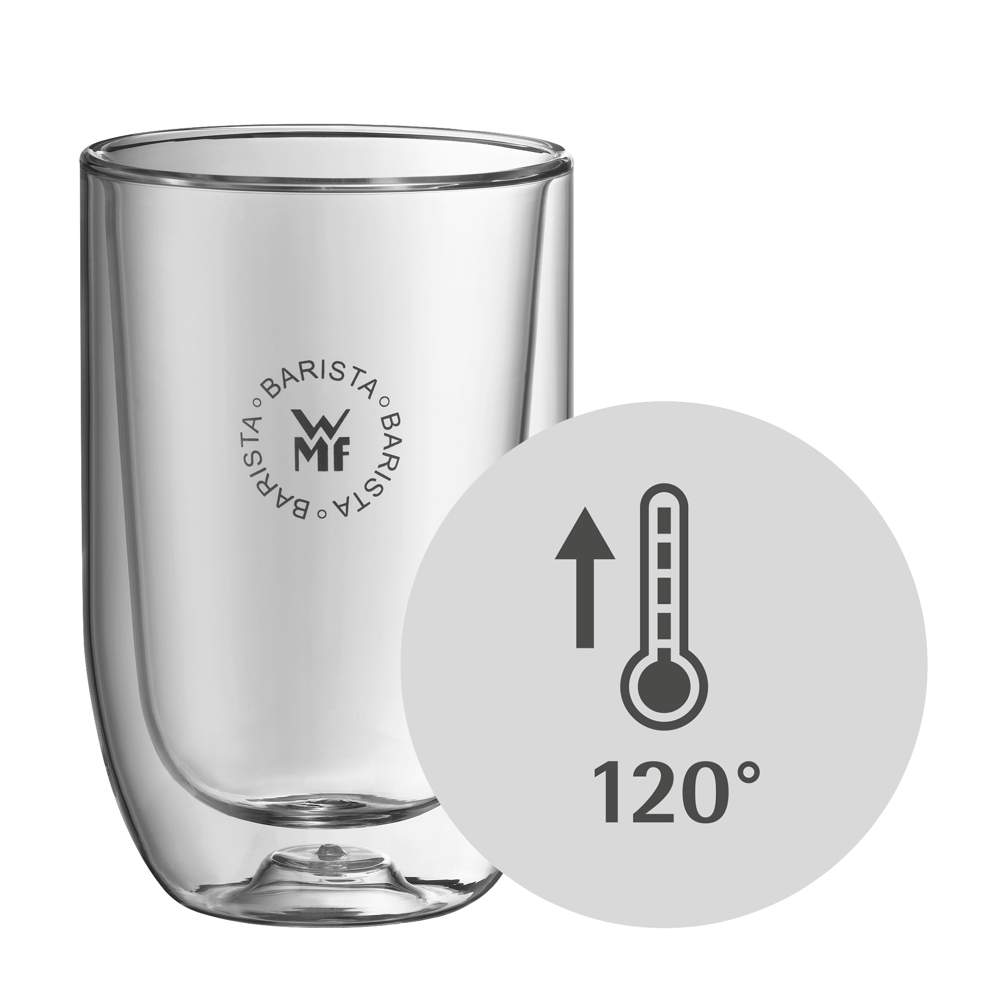 Glas mit Thermometer-Symbol, das 120 Grad anzeigt.