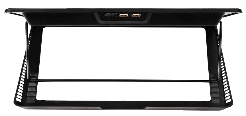 Fekete laptop hűtő USB portokkal. A hűtő felületének szögletes nézete.