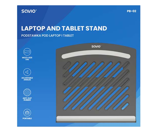 Fekete laptop/tablet állvány. Kék vonalak. 'Laptop and Tablet Stand' szöveg.