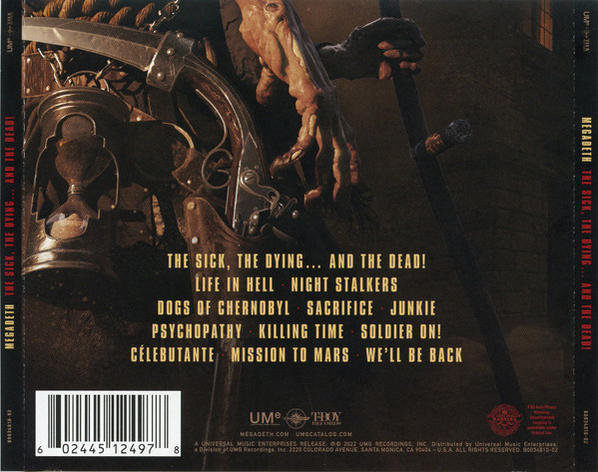 Die Rückseite eines CD-Covers mit der Titelliste des Albums von Megadeth, 'The Sick, The Dying... And The Dead!'