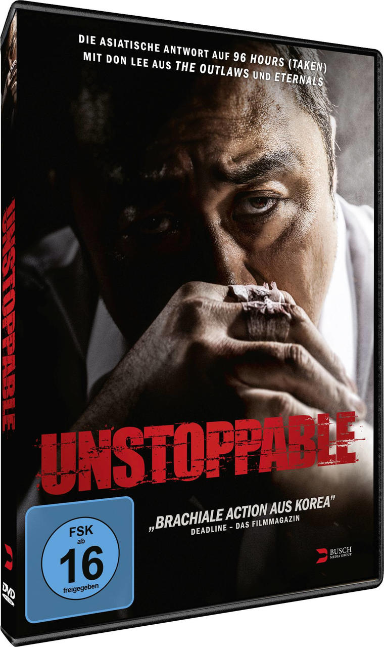 DVD-Cover: Film Unstoppable, Mann im Zentrum. Roter Titel.