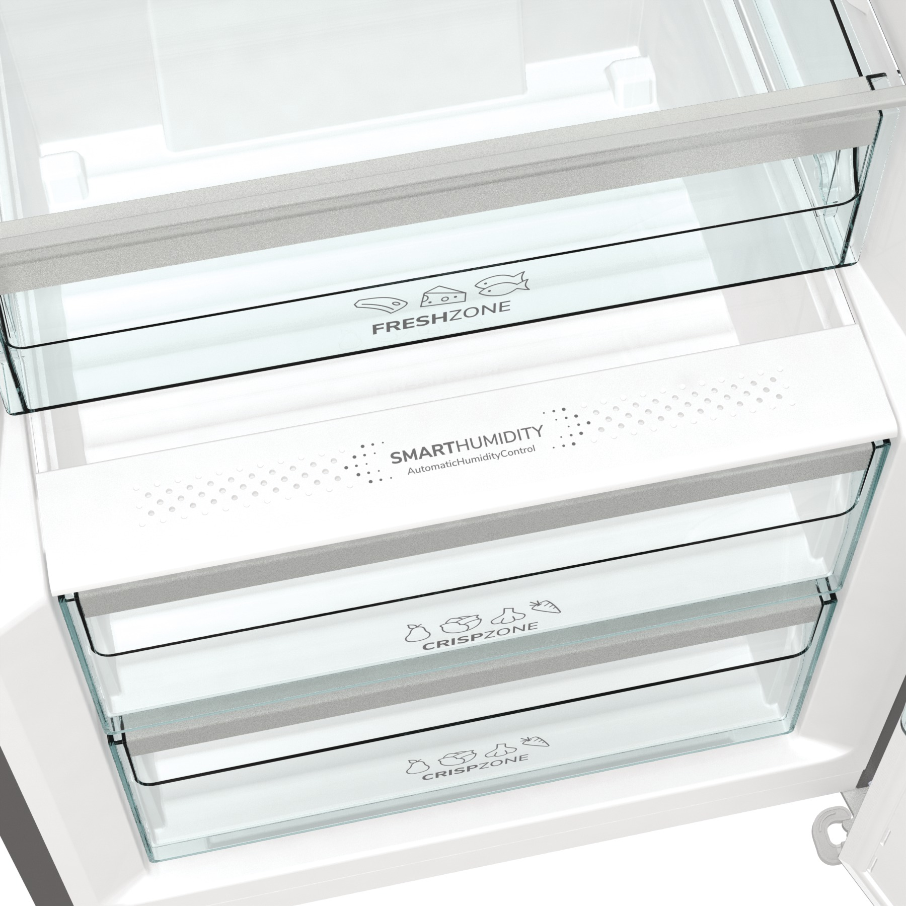Kühlschrank-Innenraum mit Regalen und Aufbewahrungsschubladen.