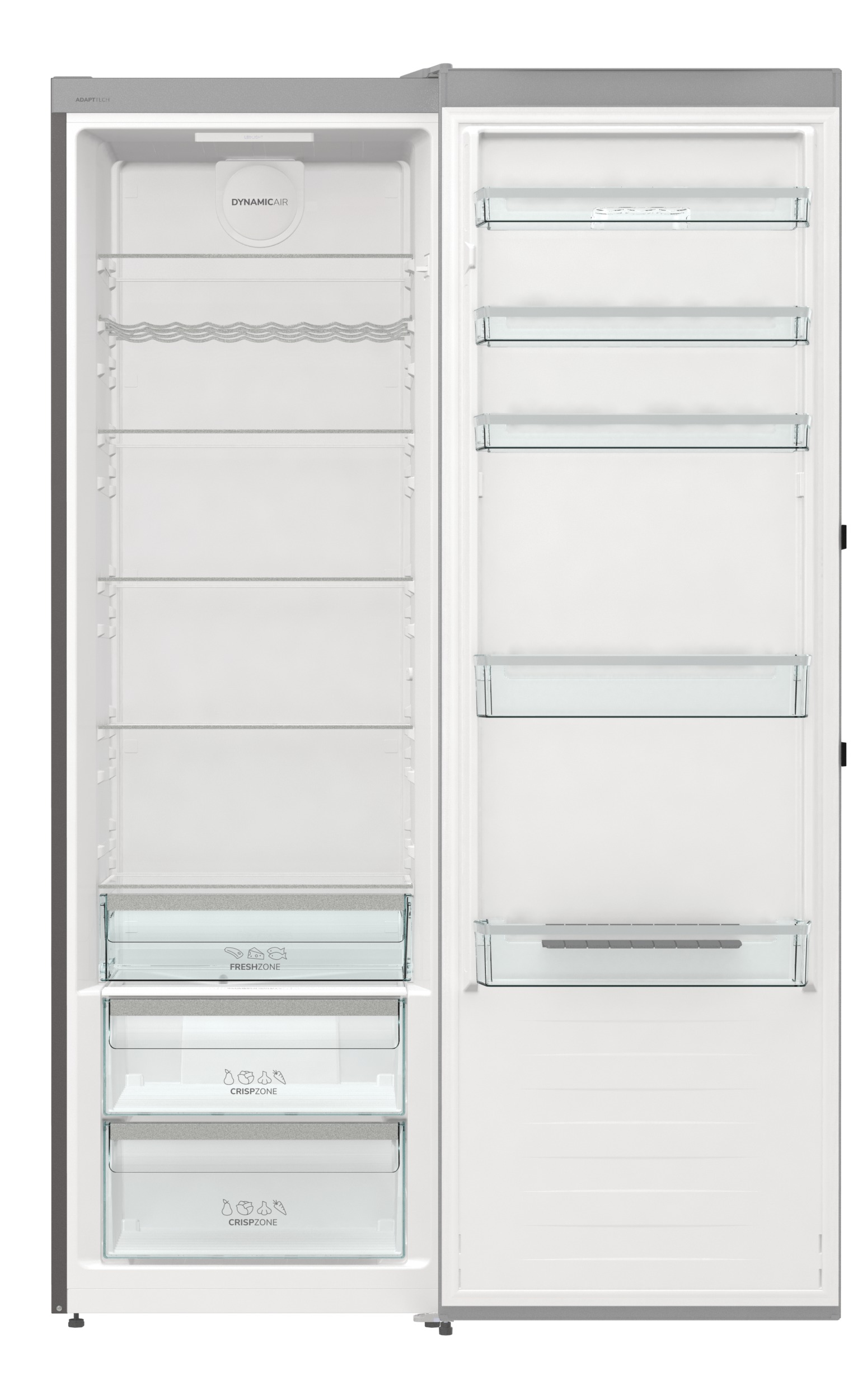 Ein Kühlschrank mit geöffneten Türen. Er ist leer und hat transparente Regale.