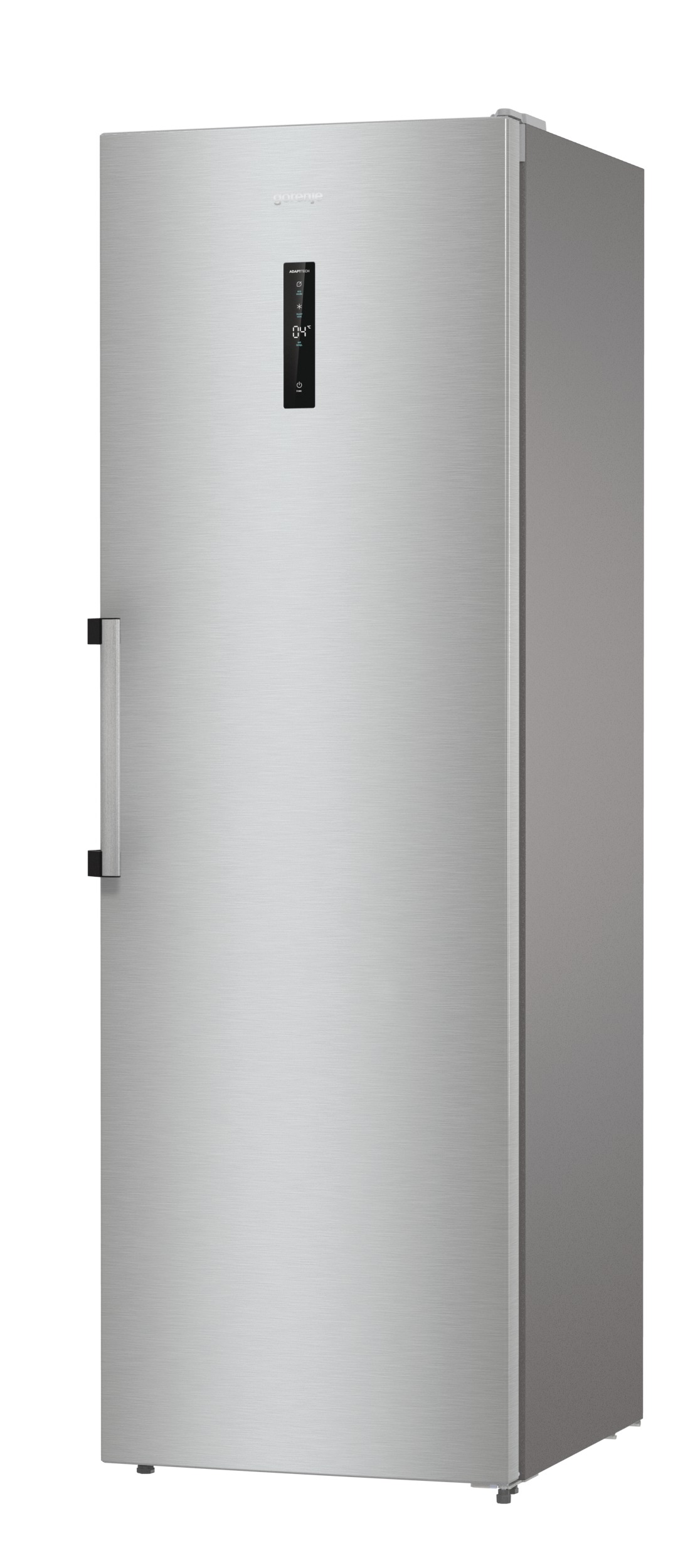 Silberner hoher Kühlschrank mit Griff, Digitalanzeige, Tür links.