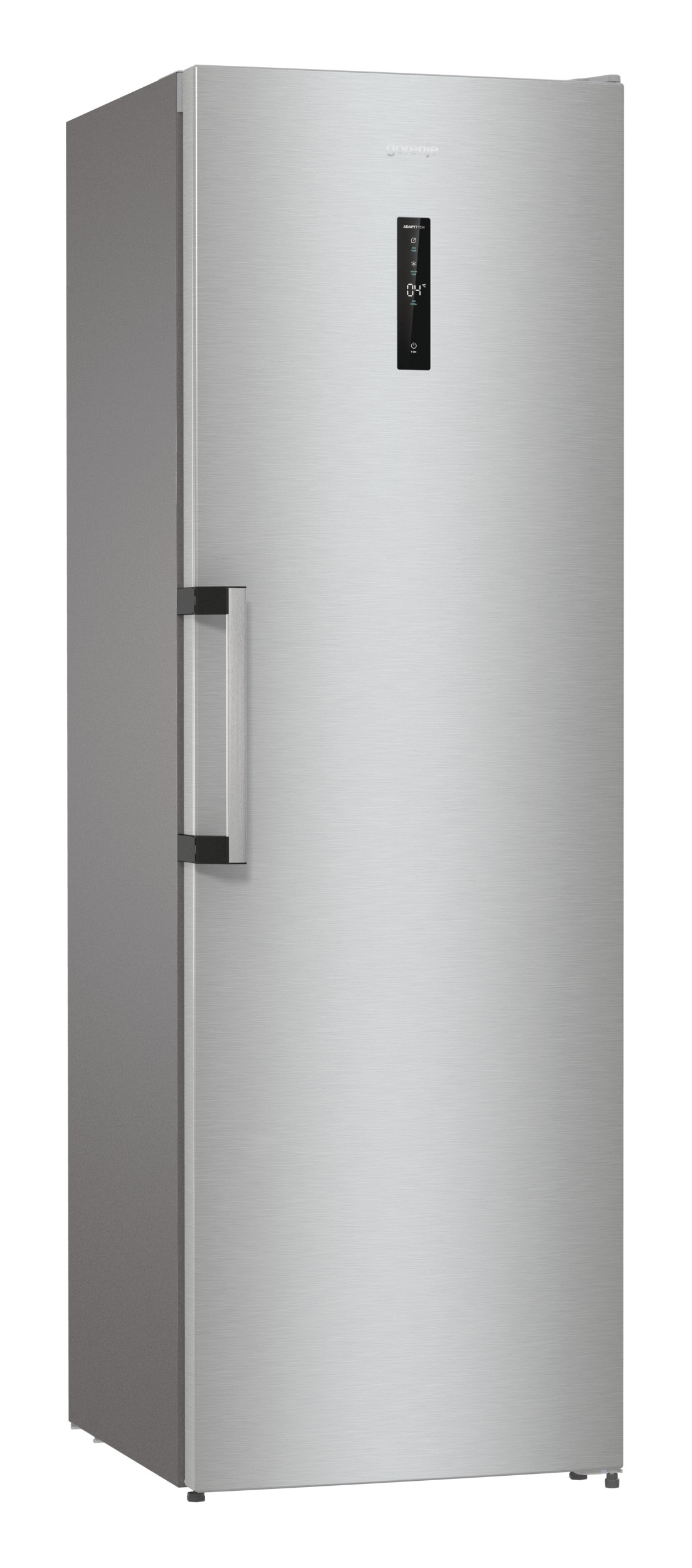 Edelstahlkühlschrank, volle Höhe, mit Griff und Digitalanzeige. Weißer Hintergrund.