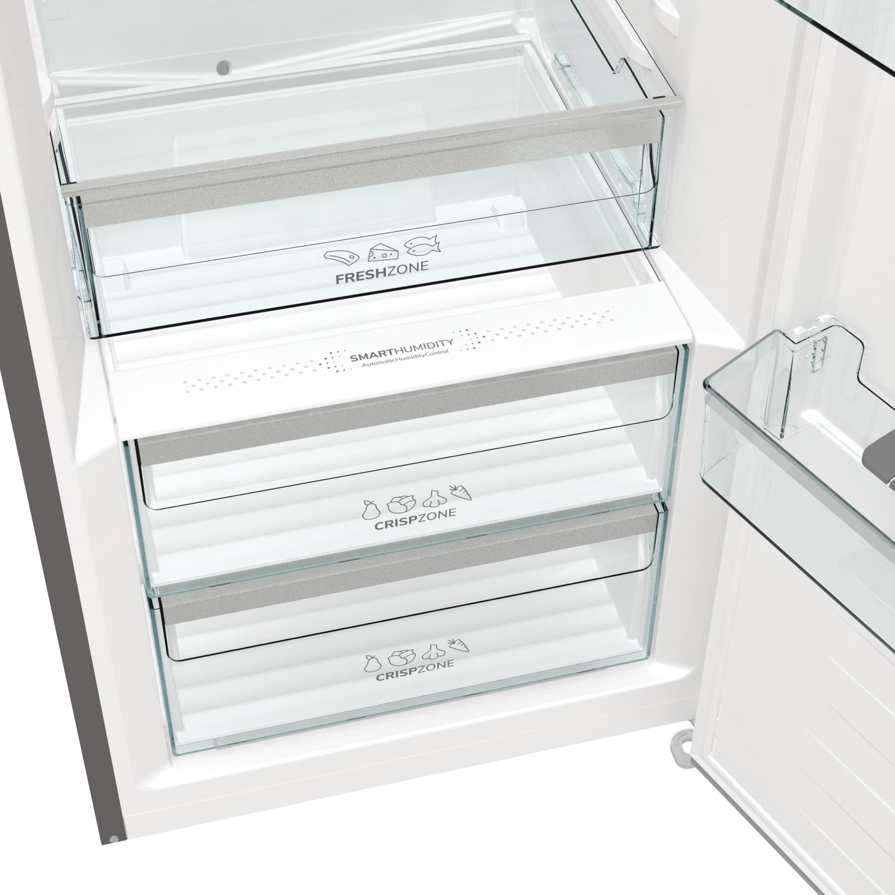 Kühlschrank-Innenraum mit Regalen und Schubladen.