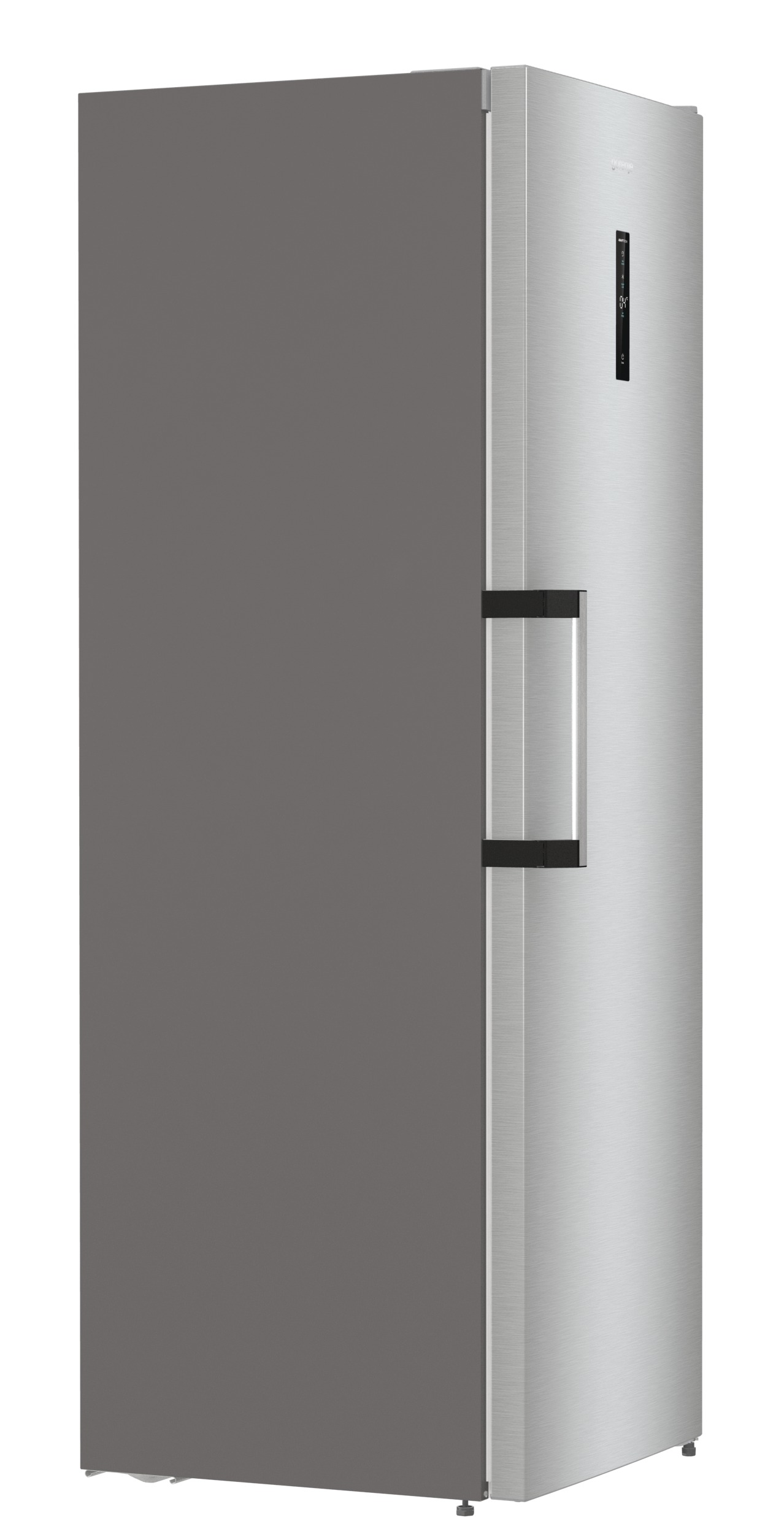 Hoher, silberner Kühlschrank mit einer dunkelgrauen Tür. Schlankes, modernes Design.