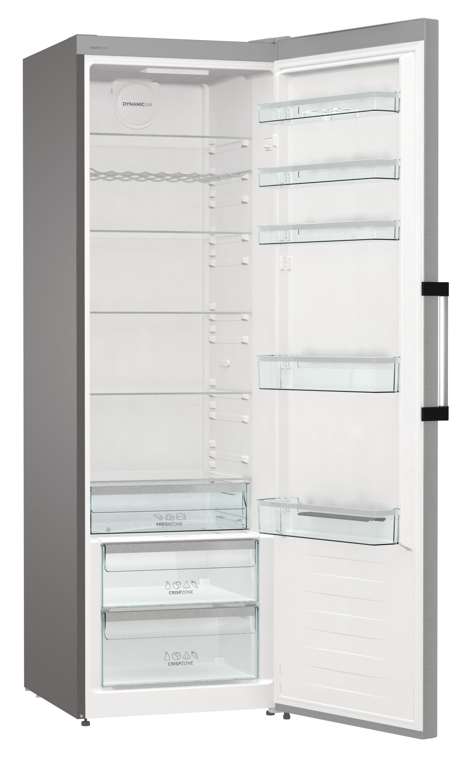 Offener Kühlschrank mit Glasböden und Schubladen.