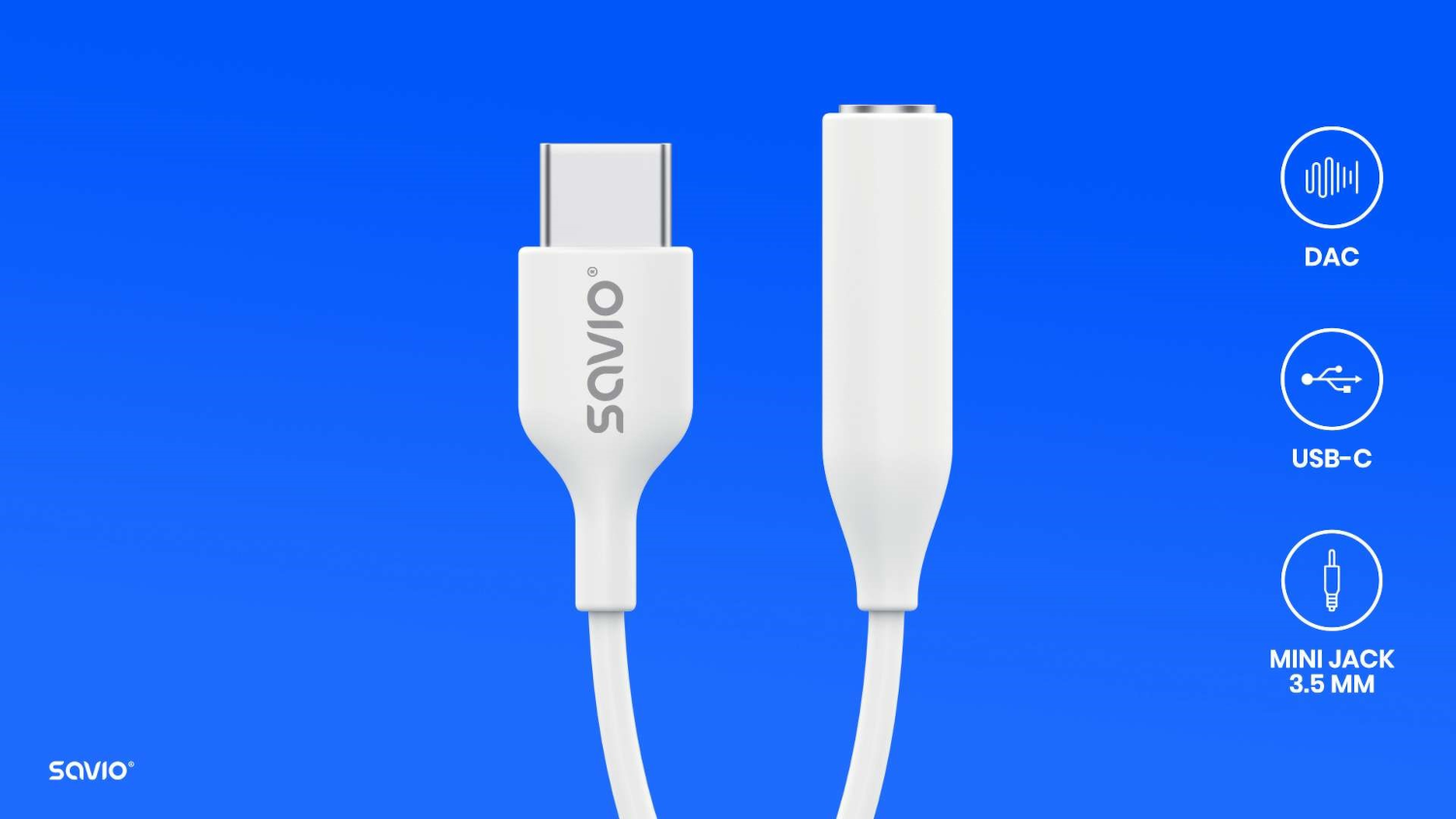 Fehér USB-C – 3,5 mm-es adapter fehér kábellel, kék háttérrel.